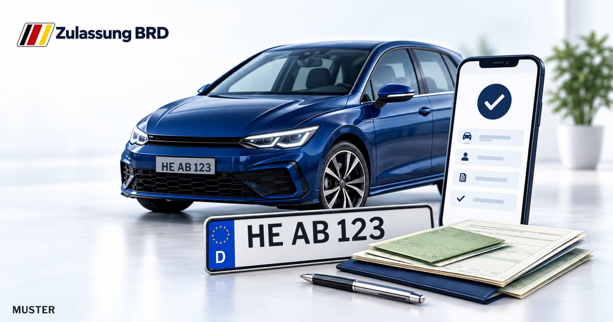 Online Fahrzeugzulassung in Helmstedt: Musterkennzeichen HE AB 123, Auto und Fahrzeugpapiere und Smartphone. Illustration mit Logo von Zulassung BRD.